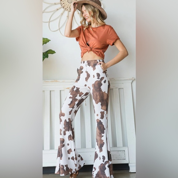 Jade By Jane Pants - Jade by Jane Cow Print Flared Bell-Bottoms Pull On Pants Mocha Ivory Sz Large